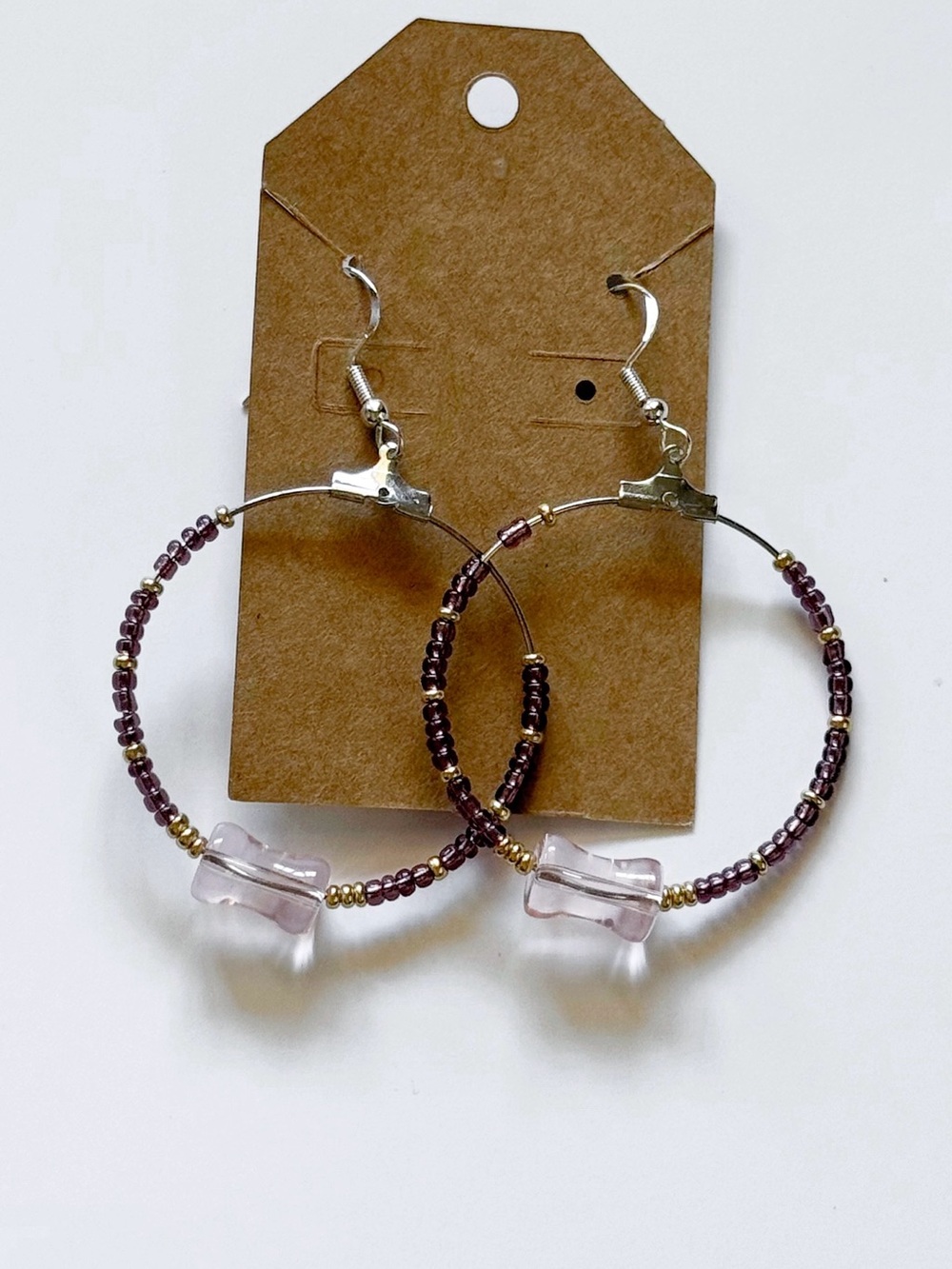 Beaded Hoop Earrings with Pink Glass Accent - Women Jewelry